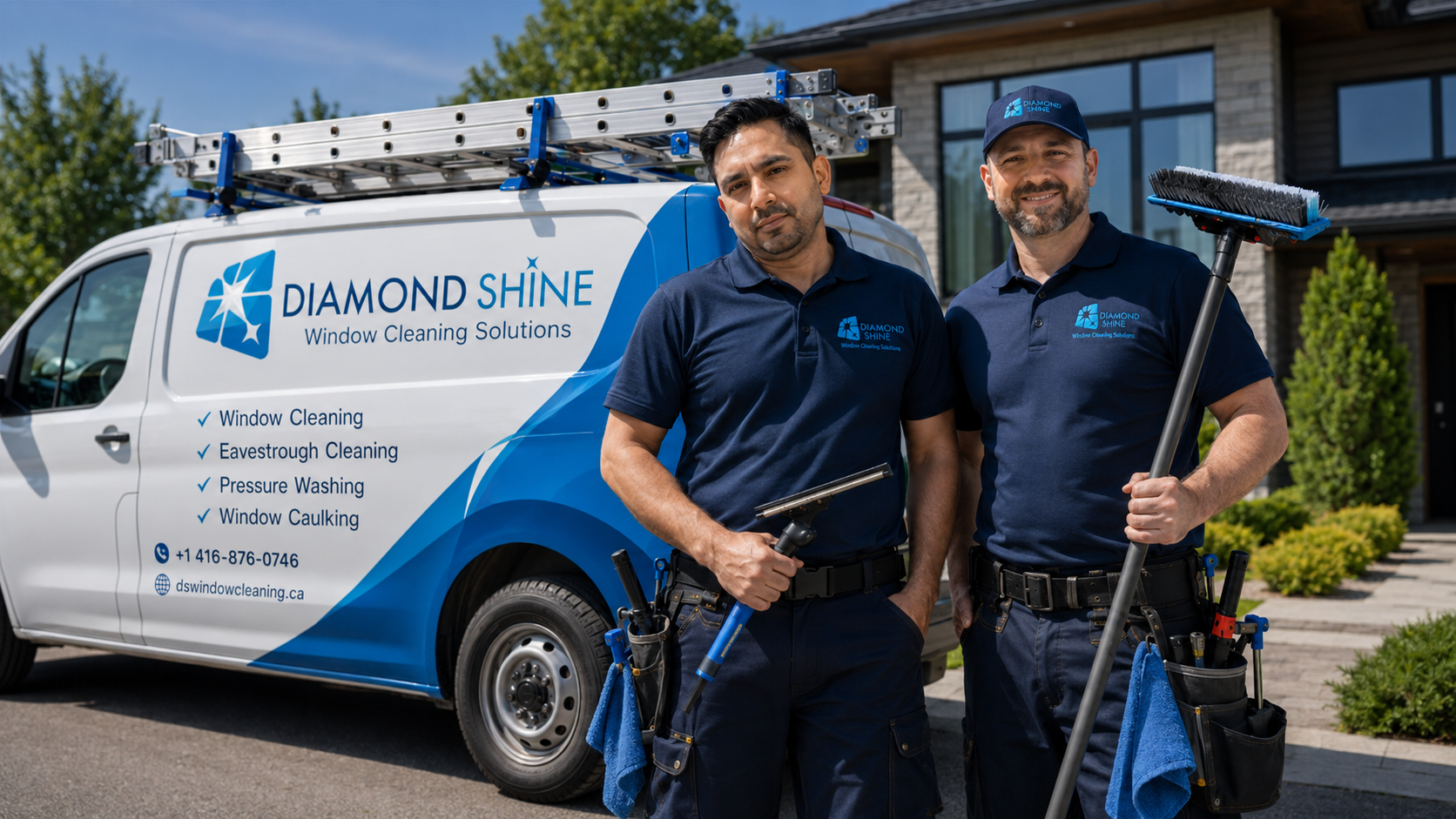Diamond Shine Window Cleaning team beside branded service van